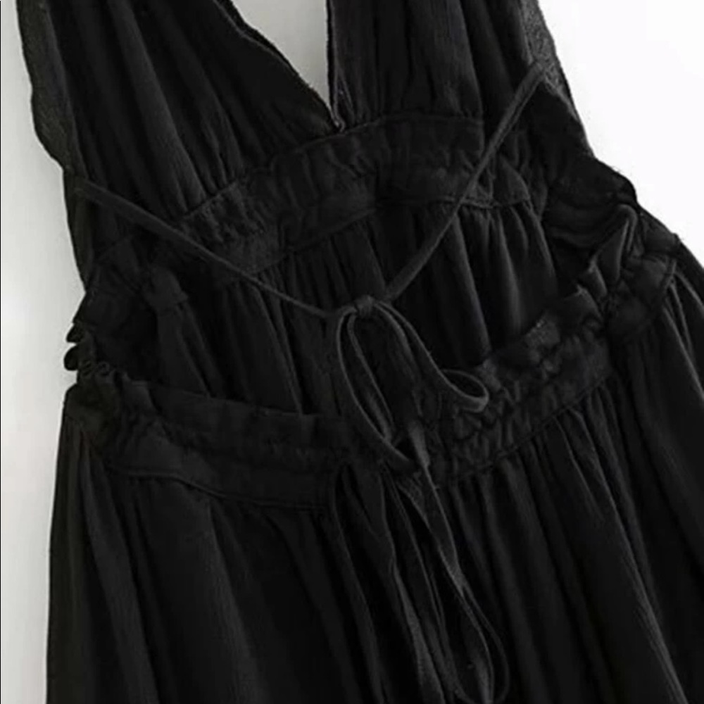 Boho Gypsy Mini Dress Black Sheer Dot Halter Tier - Picture 13 of 14